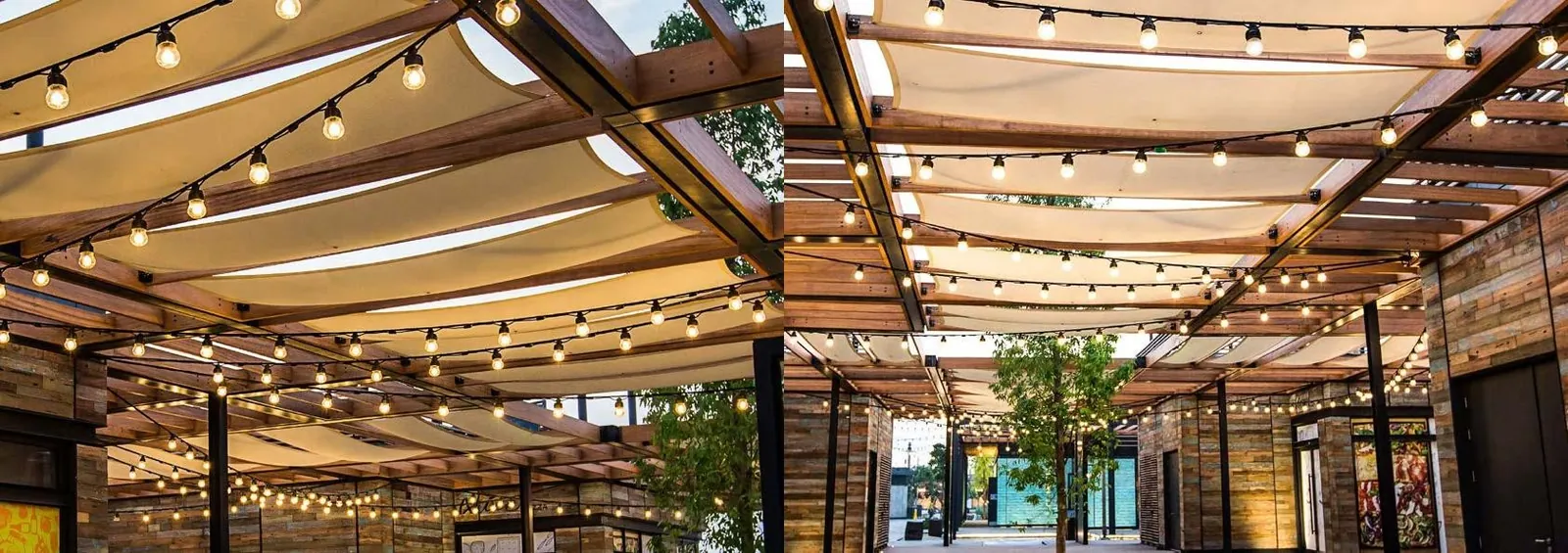 Pergola with warm string lighting